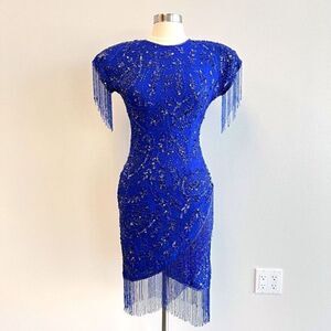 VTG Stenay Women 4 100% Pure Silk Royal Blue Beaded Fringe Elegant Flapper Dress